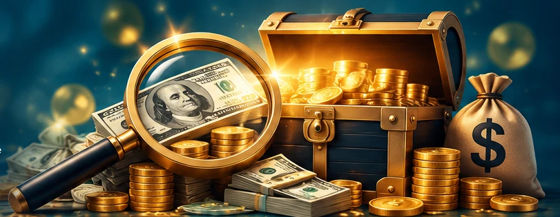 Magnifying glass finding cash and gold coins beside a treasure chest